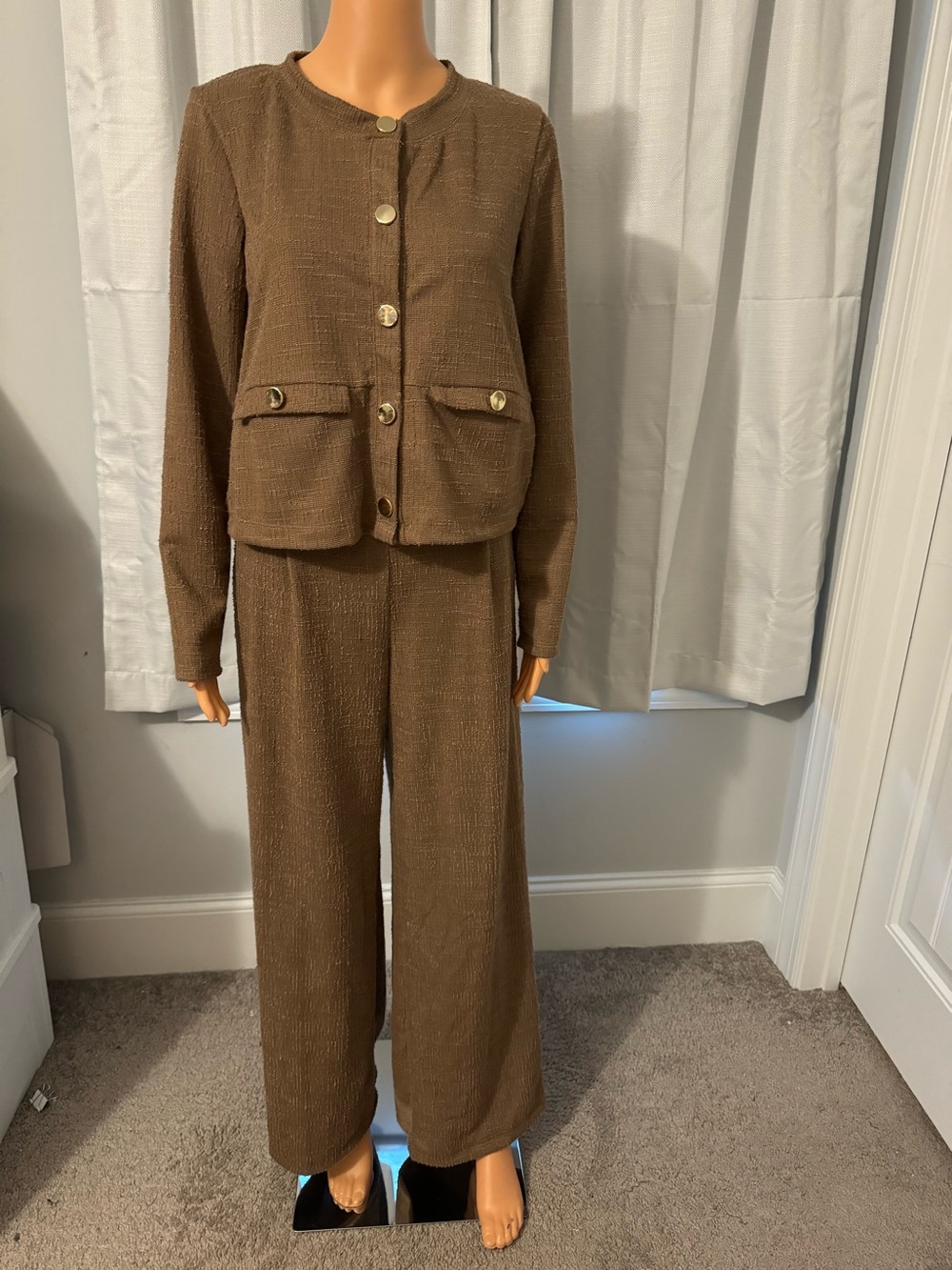 Pretty Gilli size S brown pantsuit button front jacket pull on pants set new